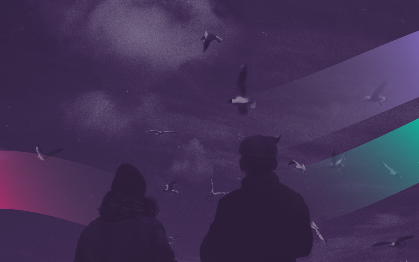 Zwei Personen schauen in einem dunkelvioletten Ambiente zu fliegenden Vögeln hoch, wobei diagonale farbige Bänder in Lila, Blau und Türkis den Himmel durchqueren.
