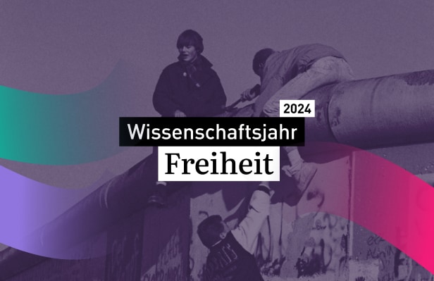 Junge Menschen sitzen und stehen auf der Berliner Mauer im Jahr 1989, symbolisch für Freiheit, mit überlagerten transparenten Bändern in Türkis und Rosa und dem Text "2024 Wissenschaftsjahr Freiheit".